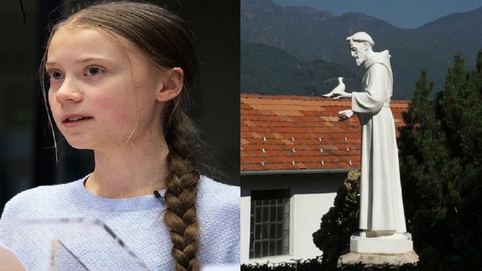 Greta Thunberg / Statua di San Francesco - Santuario di Banchette a Bioglio (provincia di Biella, Piemonte, Italia)